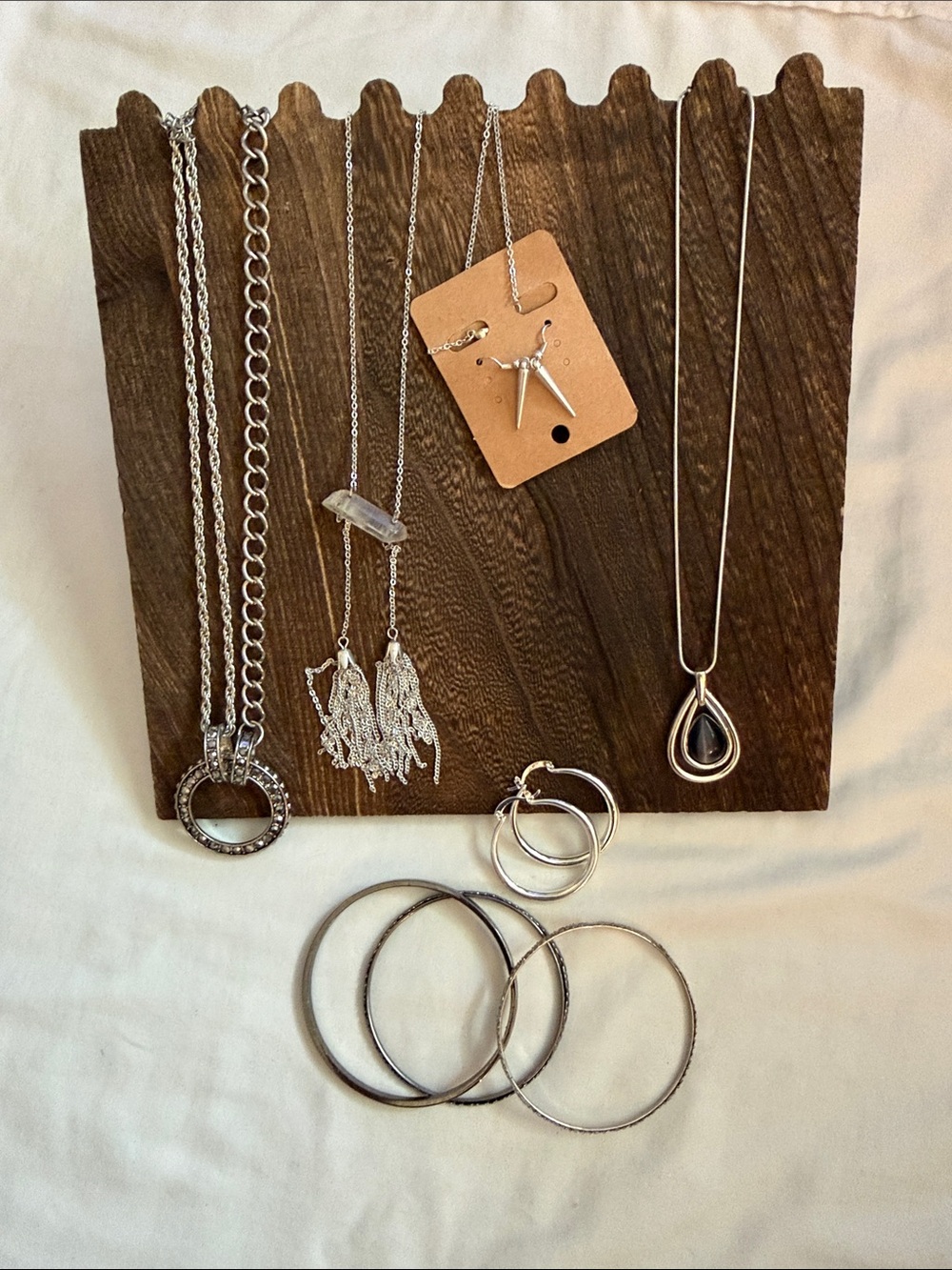 3 Silver Tone Women’s Jewelry Set - Layered Necklaces, Hoop Earrings & Bangles